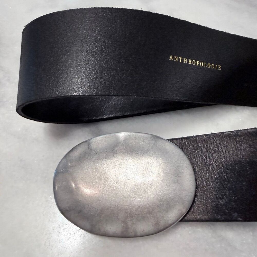Anthropologie Low-Slung Icon Silver Oval Buckle Leather Belt Black Size Small